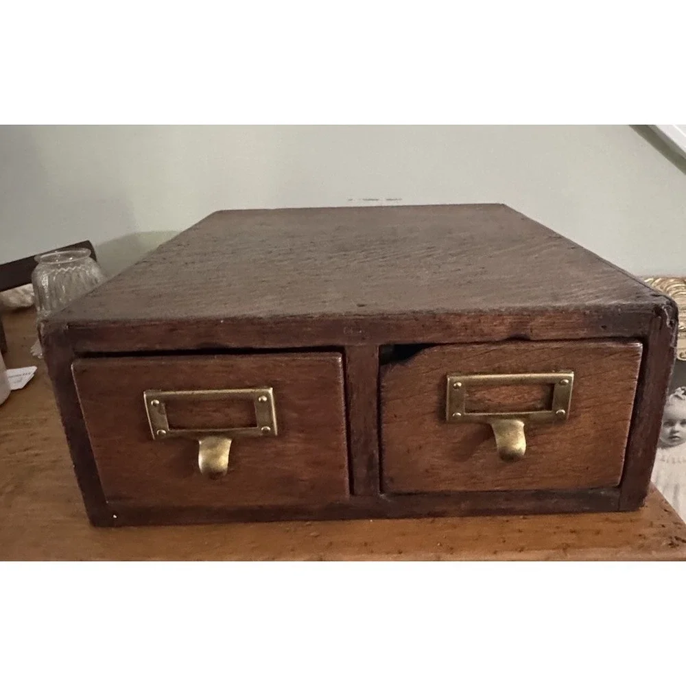 Antique Remington Rand Card Catalog 2 Drawer Library File Box Dovetail Oak